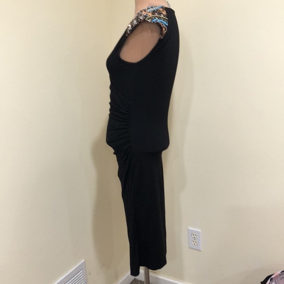 Cache Dress Size Medium Black Coral Bronze Turquoise Beaded Ruched Sheath - Picture 7 of 11